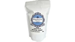 A bag of Majestic Tea Bar Jasmine Jewel green tea.
